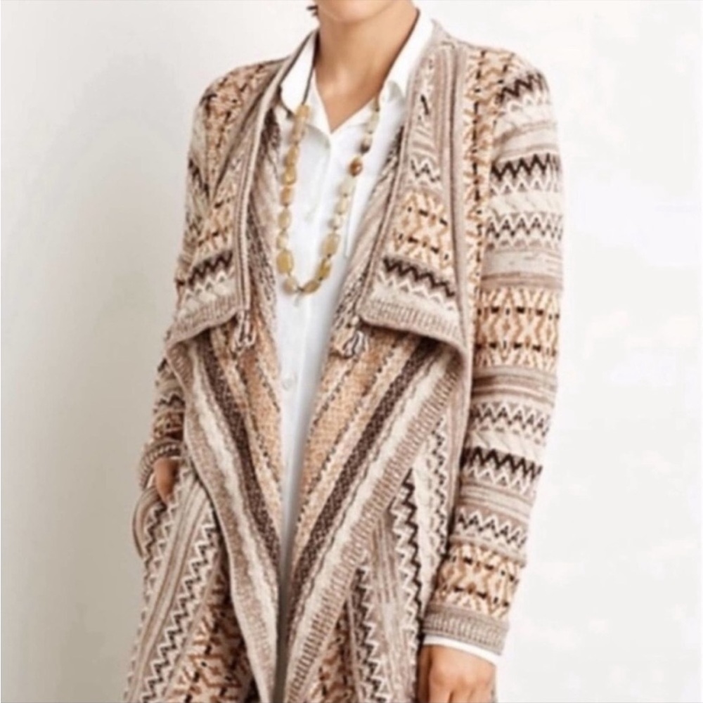J.JILL wool/alpaca Tan Brown & Cream Aztec Tribal Open Front Cardigan Sweater